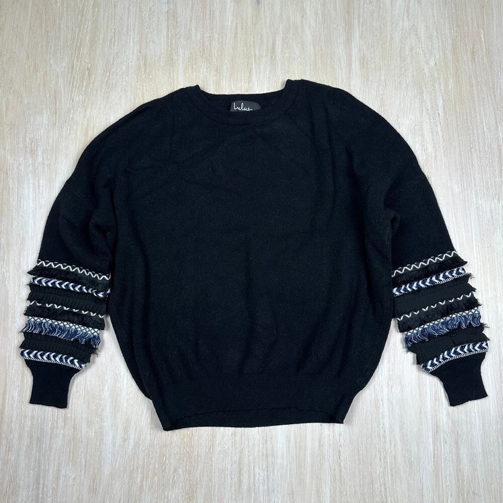 Lulu's Black Embroidered Fringe Sleeve Ribbed Knit Crew Pullover Sweater Small